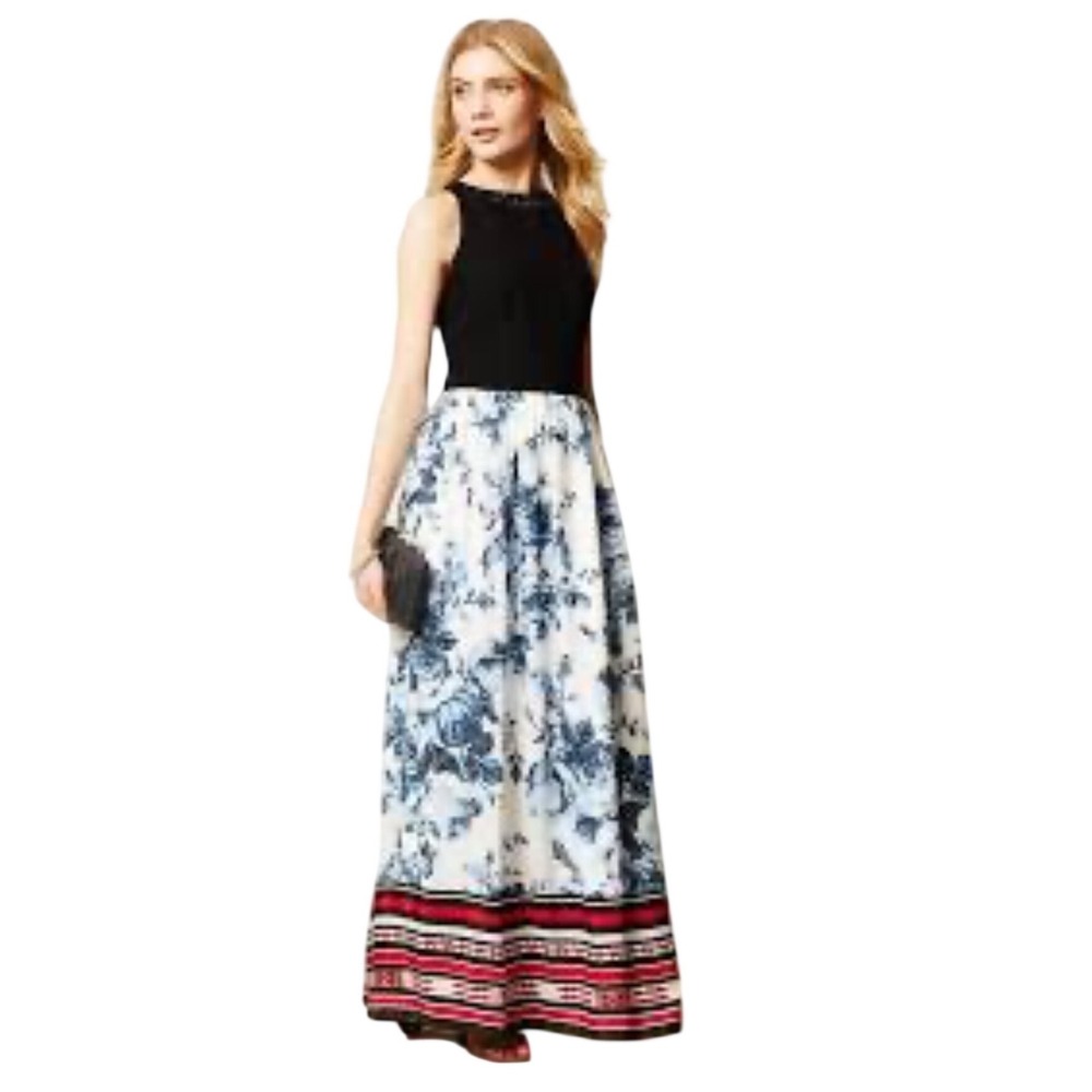 ATSU Anthropologie Maxi Dress 4P Petite Floral Mixed Media Beaded Neck